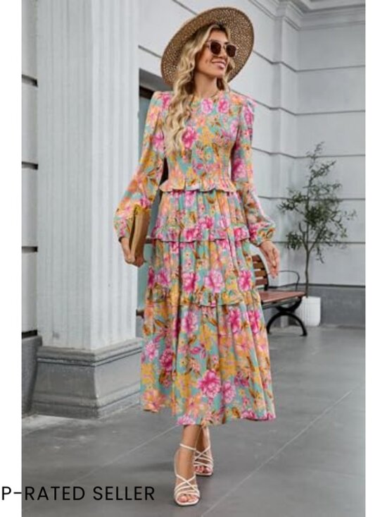 Flowy Boho Maxi Dress with Smocked Bodice and Puff Sleeves for Wedding Guest - Picture 6 of 7